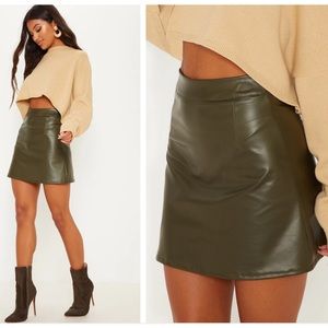 PRETTYLITTLETHING Khaki Faux Leather A Line Mini Skirt Size 8